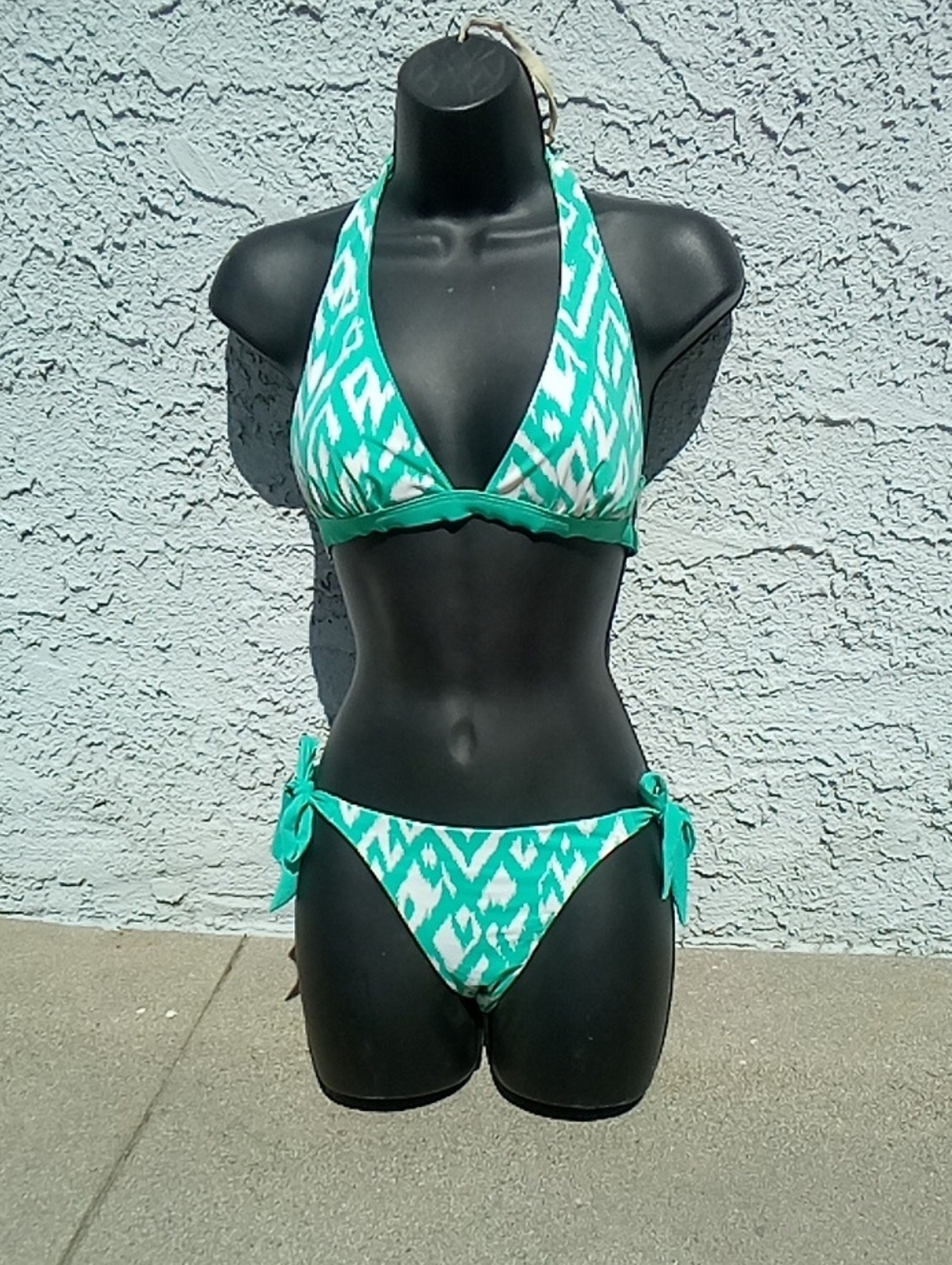 Tart Swim Collection Teal Aqua  Ikat Halter Reversible Side Tie Bikini Size S